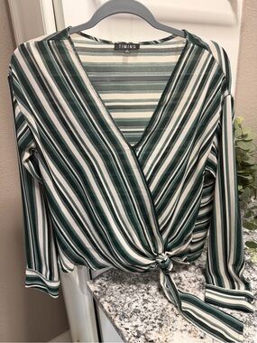 Timing Green and White Striped Tie-Front Blouse